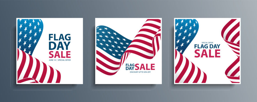 United States Flag Day Sale special offer promotional backgrounds set for business, advertising and holiday shopping. Flag Day sales event cards. Vector illustration.