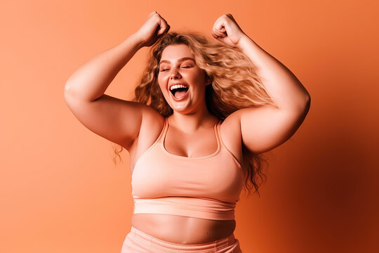 Woman celebrating body positivity and fitness in a studio. Generative AI