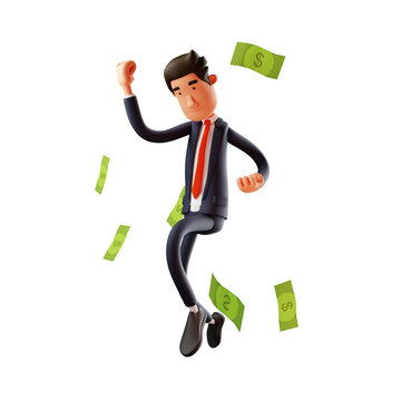 3D illustration. Successful Man 3D Cartoon Character with money raining. in a jumping pose, with a cheerful expression. 3D Cartoon Character