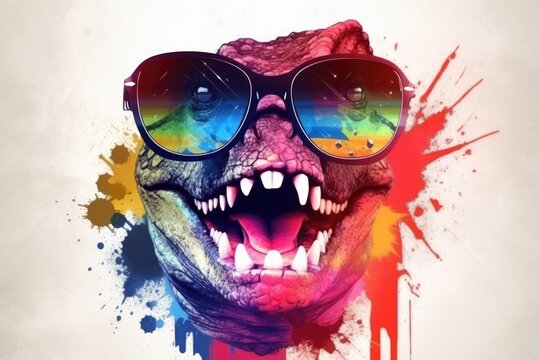 T-rex in sunglasses realistic with paint splatter abstract  
