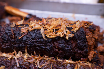 Closeup focus Traditional Iftar item delicious Suti kabab Street Food at Chawkbazar, Dhaka-Bangladesh