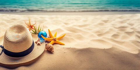 Fototapeta na wymiar shell shells, starfish, straw hats and sunglasses on the beach. 