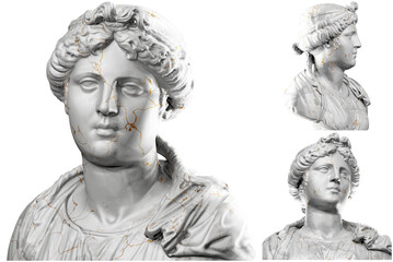 3D render of a bust statue of a young woman with stone texture and gold accents. Perfect for feminine design projects..