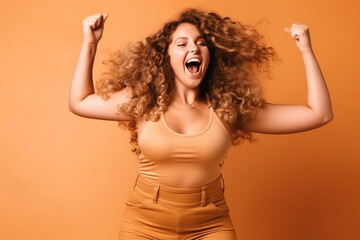 Woman celebrating body positivity and fitness in a studio. Generative AI