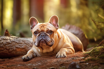 French Bulldog dog lying down in forest. Generative AI illustration