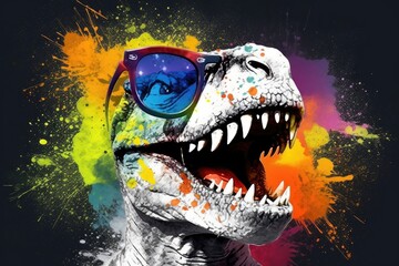 T-rex in sunglasses realistic with paint splatter abstract  