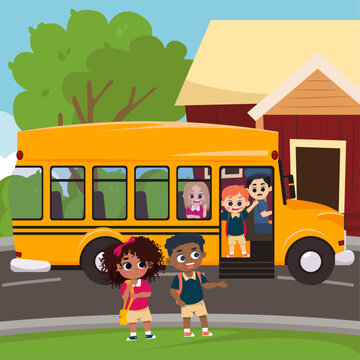 happy group of cute kids go to school by yellow bus