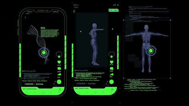 The hud interface of the futuristic medical program is a digital control panel with digital visualization of magnetic resonance imaging (MRI) capable of examining all parts of the spine and joints wit