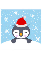 Christmas card with cute penguin in the snow