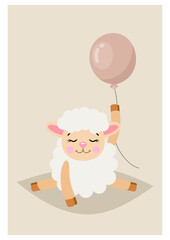 Cute illustration with adorable lamb sheep holding a balloon
