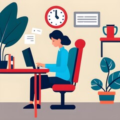 Kobieta przy komputerze, praca, studia. Wygenerowane AI.  - obrazy, fototapety, plakaty