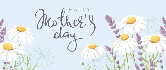 Mothers Day banner. Background for congratulation with chamomile and lavender. Vector design element on the theme of flowering and summer.