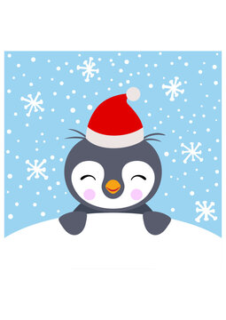 Christmas card with cute penguin in the snow