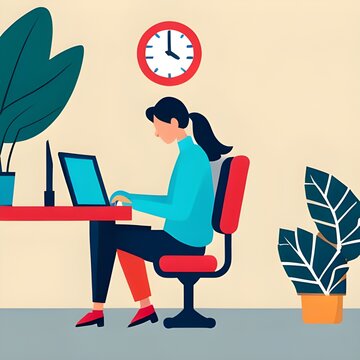Woman at the computer, work, study. AI generated.