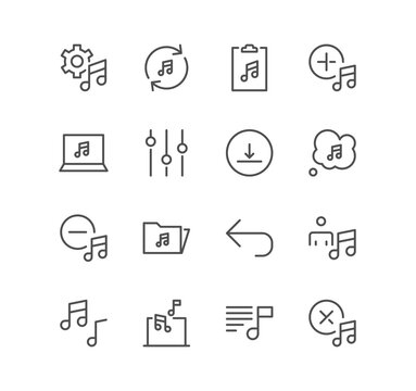 Set of music and controls related icons, artist, song list, mute and linear variety symbols.	
