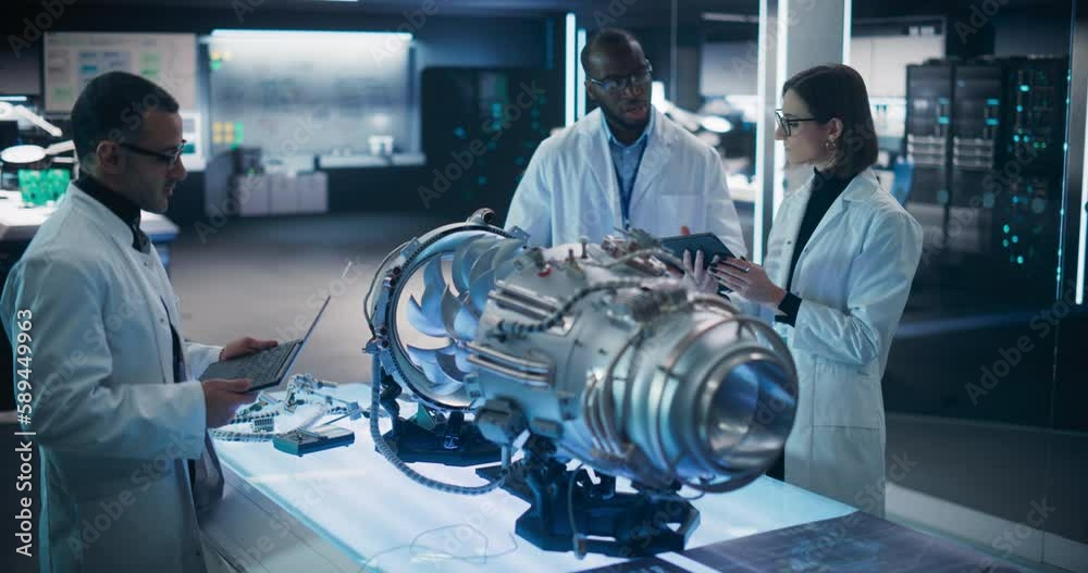 Poster Airplane Engine Engineer and Scientist Work on a Futuristic Turbine Motor, Standing with Tablet Computer in Scientific Technology Lab. Professional Team Developing an Innovative Prototype Jet Engine