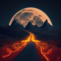 Fantasy Fairy Tale Full Moon Illuminates the Night Road, Shining Moonlight, Abstract Generative AI Illustration