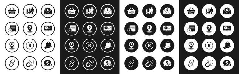 Set Envelope with coin dollar, Cash location pin, Paper check and financial check, Shopping basket, Monitor, Financial growth, Hand paper shopping bag and Map pointer star icon. Vector