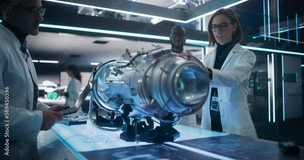 Poster Young Team of Engineers Collaborate on a New Type of a Jet Turbine Engine. Female Project Leader Using a Tablet Computer and Explaining the Innovative Technology in Scientific Technology Factory