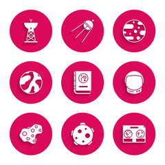 Set Book by astronomy, Planet, Celestial map of the night sky, Astronaut helmet, Asteroid, Mars and Satellite dish icon. Vector