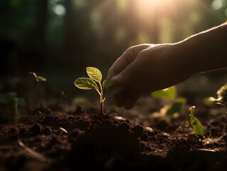 hand holding young plant in sunshine and green nature background, AI generated