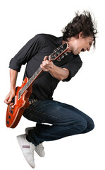 Portrait of a Musician Jumping while Playing an Electric Guitar