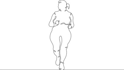 One continuous line. Fat woman on a run. The fat woman goes in for sports. The woman is trying to lose weight. Obesity. Jogging on the street.One continuous line drawn isolated, white background.