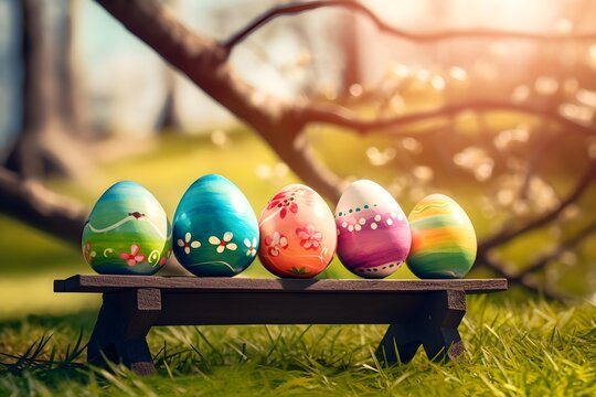 Painted Easter eggs celebrating on wooden bench a Happy Easter. 