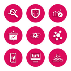 Set Time management, Stocks market growth graphs, Hierarchy organogram, Project team base, Mobile stock trading, Board with, Financial and Search data analysis icon. Vector