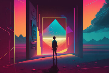Human silhouette in neon light on an unknown planet. Created using Generative AI technology.