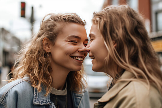 Happy lesbian couple nuzzling nose to nose standing in city. Generative AI