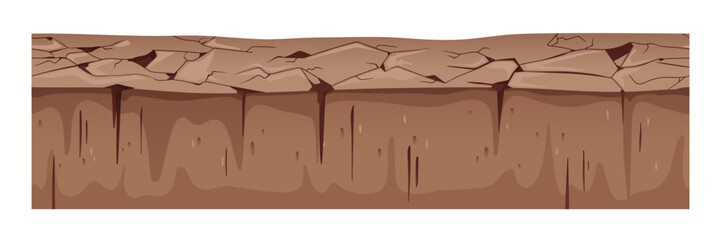 Dry cracked ground, arid clay soil cross section. Underground layer, broken waterless earth land, drought. Seamless wasteland. Geological flat graphic vector illustration isolated on white background