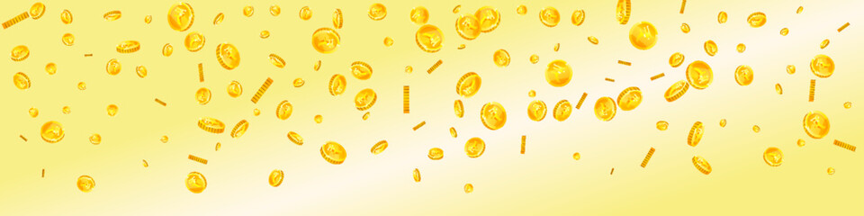 Indian rupee coins falling. Scattered gold INR