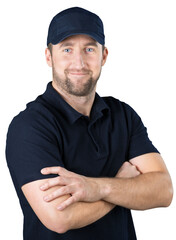 Handsome delivery man isolated on light background
