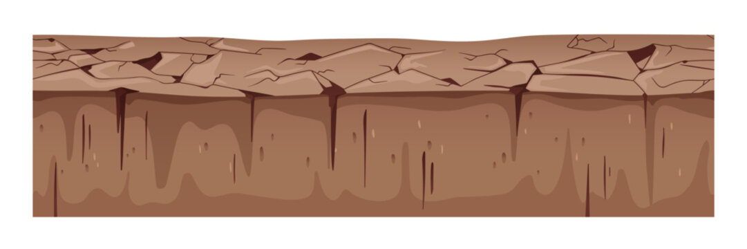 Dry cracked ground, arid clay soil cross section. Underground layer, broken waterless earth land, drought. Seamless wasteland. Geological flat graphic vector illustration isolated on white background