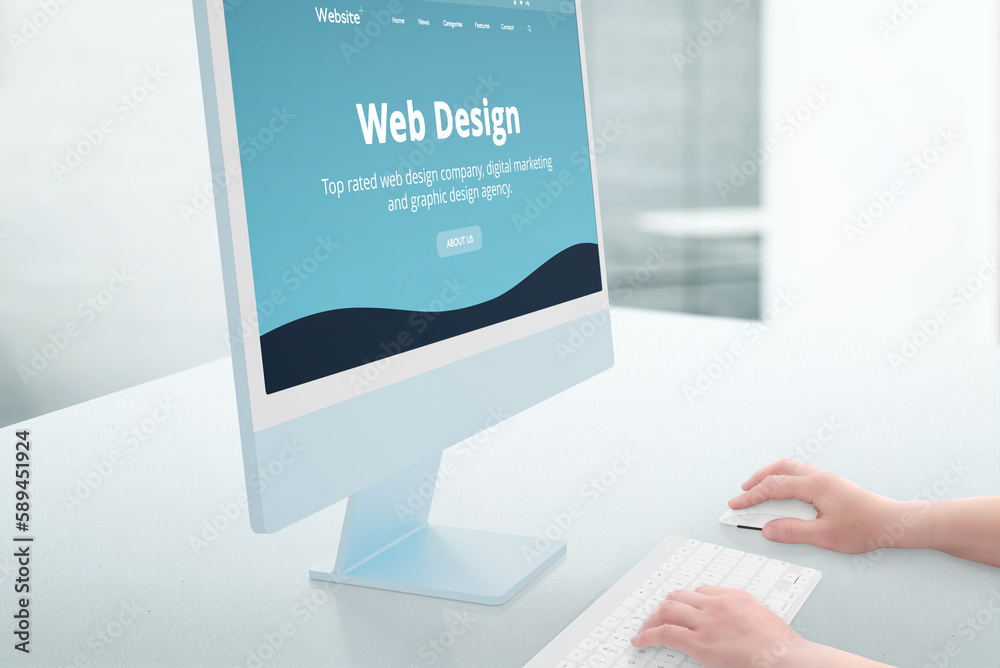 Poster Web design studio showcase on modern computer display. Woman hands use keyboard and mouse. Studio office in background
