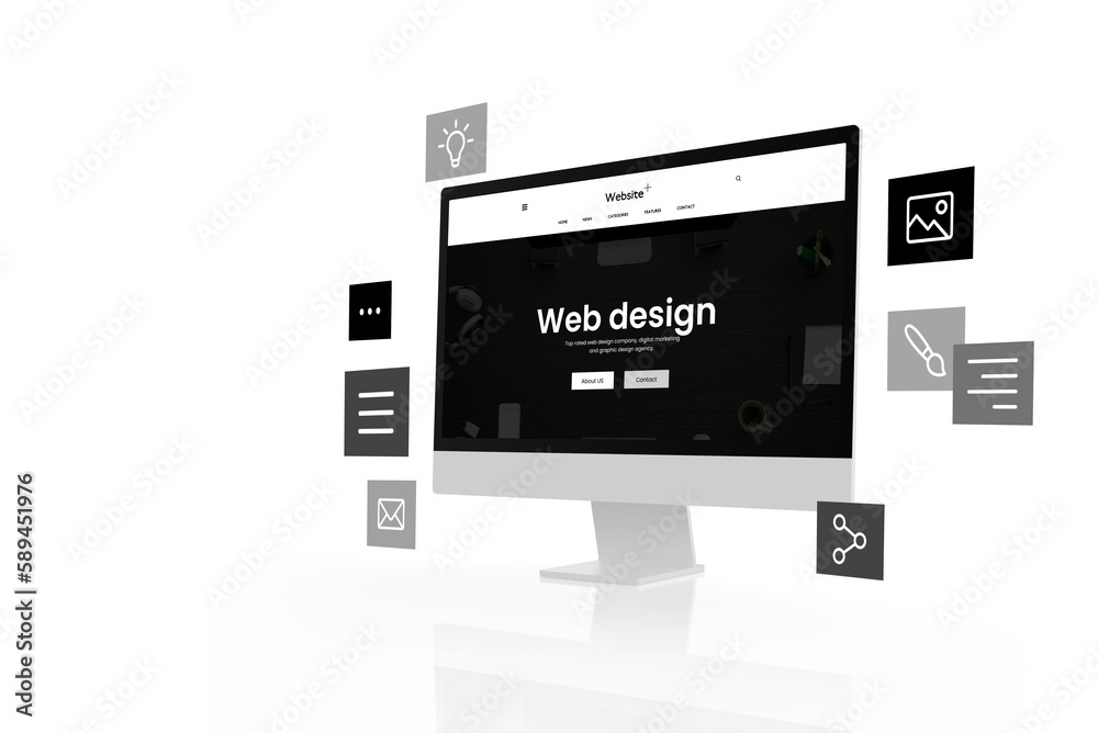 Aufkleber Flat black and white web design studio page layout on modern computer display with flying page layout modules concept