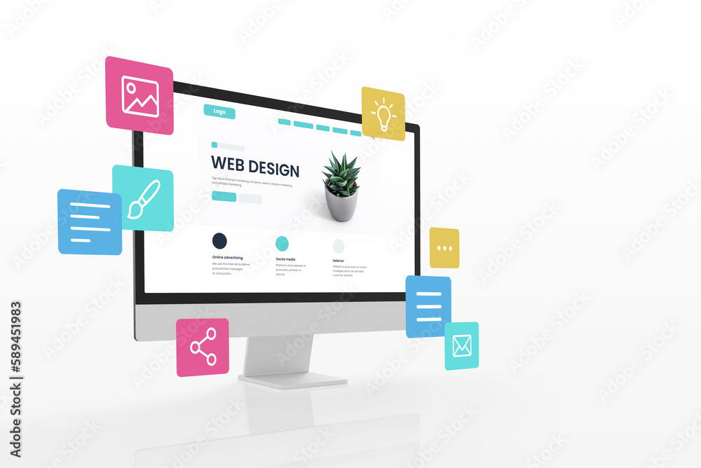 Poster Concept of assembling a web page from modules that fly around the display. The web design studio concept page is on the display