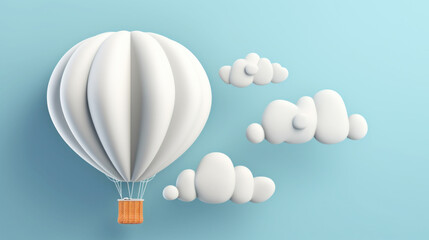 Obraz na płótnie Canvas A picturesque scene of a hot air balloon floating among a light blue and white clouds background. Generative AI