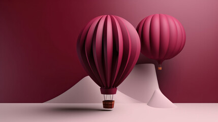 An illustration of a hot air balloon flying high in the sky against a vivid and red background. Generative AI