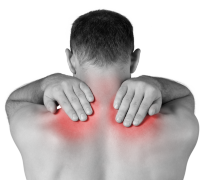 Strong man with neck pain, back view