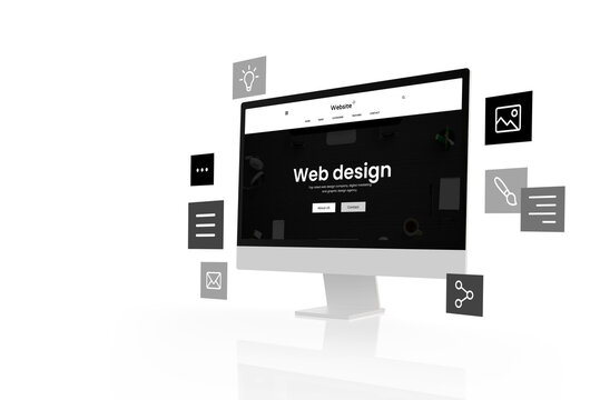 Flat black and white web design studio page layout on modern computer display with flying page layout modules concept