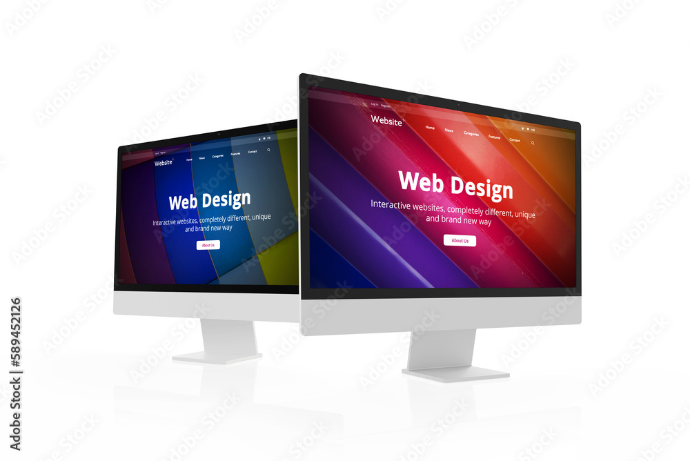 Fototapete Two modern computer displays featuring web design studio concept page. Design projects and showcasing web design concept