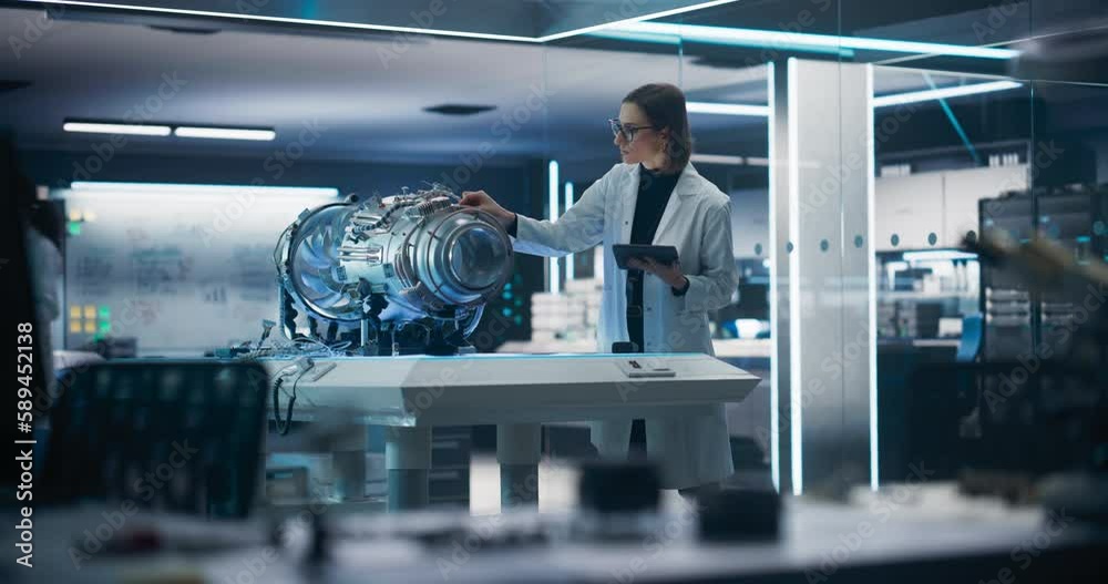 Poster Industrial Engineer Working on a Futuristic Jet Engine, Standing with Tablet Computer in Scientific Technology Lab. Female Scientist Developing a New Electric Motor in a Research Facility