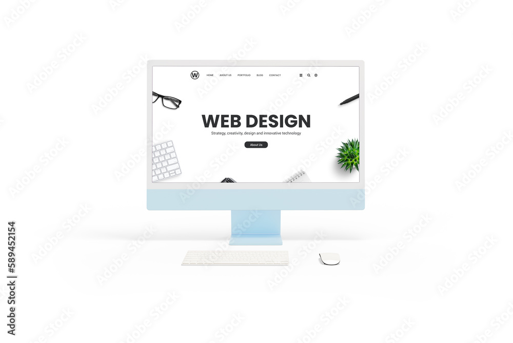 Fototapete Isolated white computer display monitor with a web design studio concept page in front view. Keyboard and mouse beside. Showcasing website design concept