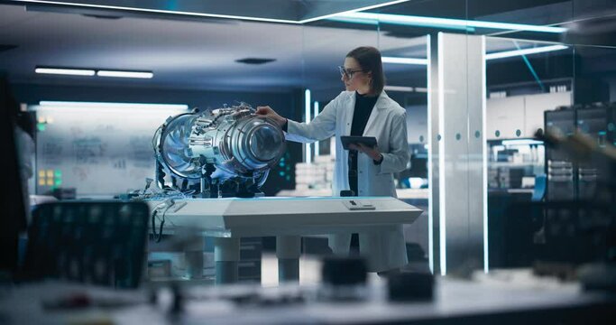Industrial Engineer Working on a Futuristic Jet Engine, Standing with Tablet Computer in Scientific Technology Lab. Female Scientist Developing a New Electric Motor in a Research Facility
