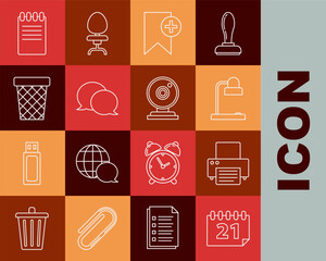 Set line Calendar, Printer, Table lamp, Bookmark, Speech bubble chat, Trash can, Notebook and Web camera icon. Vector