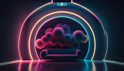 Obraz na płótnie Canvas Interior luxury apartment with glowing neon light and sofa. Nightclub design, living room, futuristic background, stylish modern room. Generative AI 
