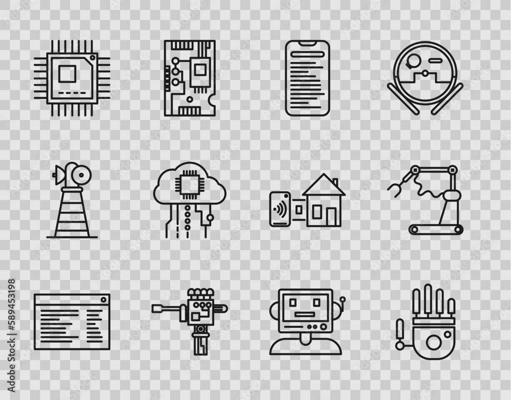 Poster set line software, mechanical robot hand, computer api interface, screwdriver, processor with microc
