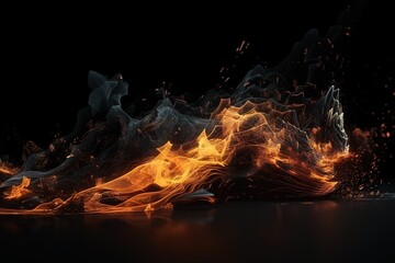 3d rendering, abstract black background with blazing fire, Generative AI